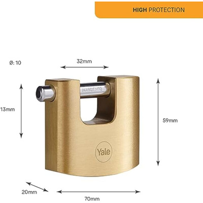 YALE Padlock Brass Padlock, 10mm Shackle, 70mm Body