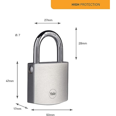 YALE Padlock Brass Padlock, 7mm Shackle, 50mm Body
