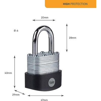 YALE Padlock Brass, Steel Steel Padlock, 6mm Shackle, 47mm Body