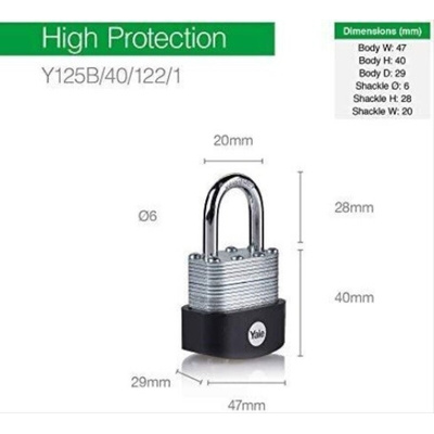 YALE Padlock Brass, Steel Steel Padlock, 6mm Shackle, 47mm Body