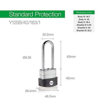 YALE Padlock Brass, Steel Steel Padlock, 6mm Shackle, 47mm Body