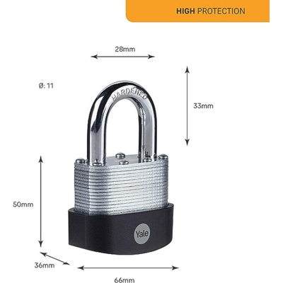 YALE Padlock Brass, Steel Steel Padlock, 11mm Shackle, 66mm Body