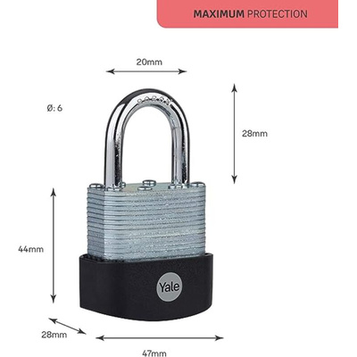YALE Padlock Weatherproof Padlock, 6mm Shackle, 47mm Body