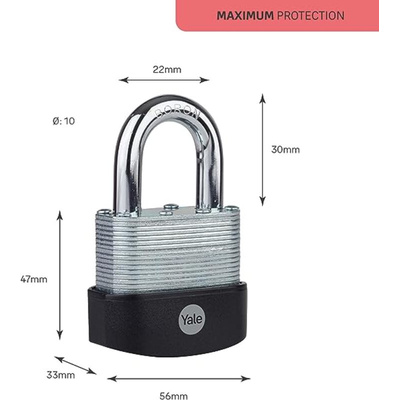 YALE Padlock Weatherproof Padlock, 9mm Shackle, 56mm Body