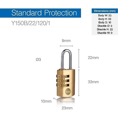 YALE Combination Brass, Steel Combination Padlock, 3mm Shackle, 23mm Body