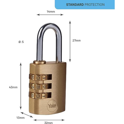 YALE Combination Brass Combination Padlock, 5mm Shackle, 32mm Body