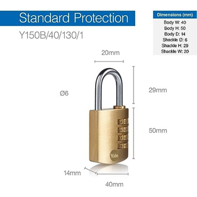 YALE Combination Brass Combination Padlock, 6mm Shackle, 40mm Body