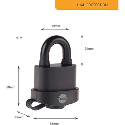 YALE Padlock Weatherproof Padlock, 9mm Shackle, 53mm Body