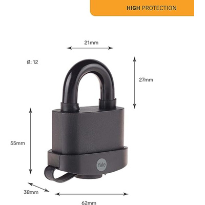 YALE Padlock Weatherproof Padlock, 12mm Shackle, 62mm Body