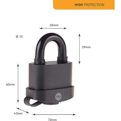 YALE Padlock Weatherproof Padlock, 13mm Shackle, 72mm Body