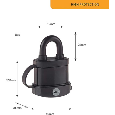 YALE Padlock Weatherproof Steel Padlock, Keyed Alike, 5mm Shackle, 40mm Body
