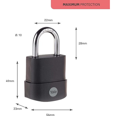 YALE Padlock Weatherproof Padlock, 10mm Shackle, 56mm Body