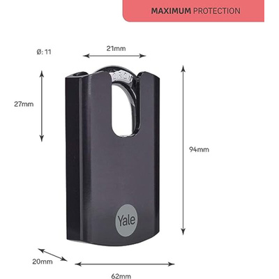 YALE Padlock Hardened Steel Steel Padlock, 11mm Shackle, 62mm Body