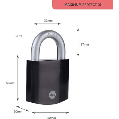 YALE Padlock Hardened Steel Steel Padlock, 9mm Shackle, 48mm Body