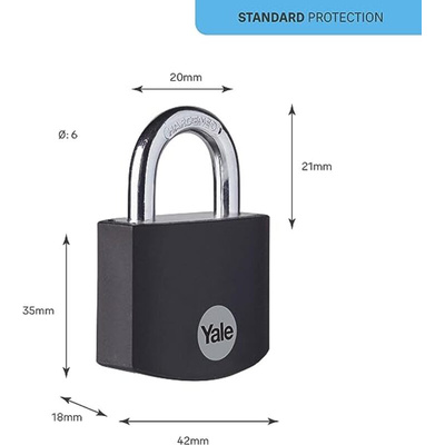 YALE Padlock Aluminium Padlock, 6mm Shackle, 42mm Body