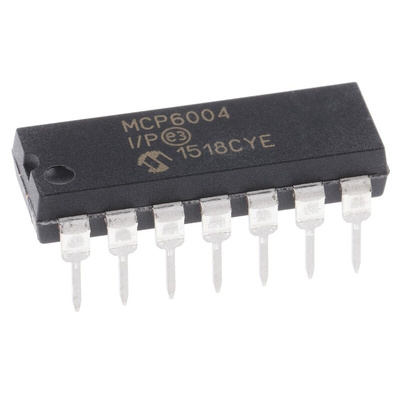 MCP6004-I/P Microchip, Op Amp, RRIO, 1MHz, 3 V, 5 V, 14-Pin PDIP