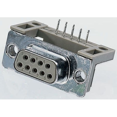 Provertha TMC 9 Way Right Angle Through Hole D-sub Connector Socket, 2.84mm Pitch, with 4-40 UNC inserts, Guide Frame