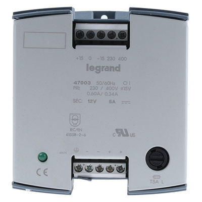 Legrand Linear DIN Rail Panel Mount Power Supply 12V dc Output Voltage, 5A Output Current, 60W