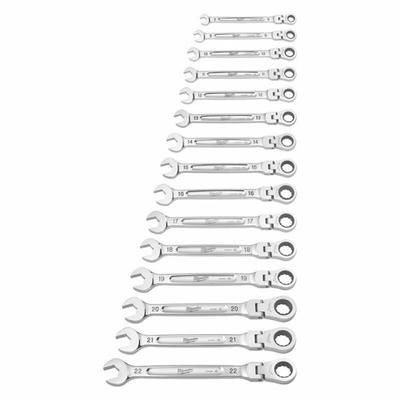 Milwaukee 15-Piece Ratchet Spanner Set, 8 mm, 9 mm, 10 mm, 11 mm, 12 mm, 13 mm, 14 mm, 15 mm, 16 mm, 17 mm, 18 mm, 19