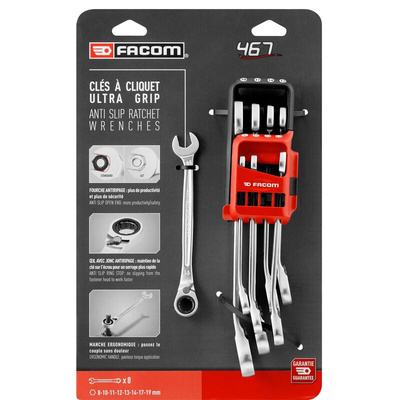 Facom 467 B open end wrenches with ratchet Series 8-Piece Combination Ratchet Spanner Set, 8 → 19, Chrome