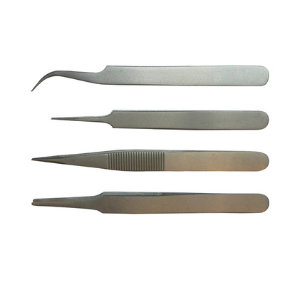 RS PRO 110 mm, 120 mm, Low Carbon Austenitic Steel, Curved, Fine, Rounded, Sharp, Tweezer Set