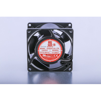 RS PRO Axial Fan, 230 V ac, AC Operation, 51m³/h, 12W, 60mA Max, 80 x 80 x 38mm