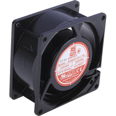RS PRO Axial Fan, 230 V ac, AC Operation, 51m³/h, 12W, 60mA Max, 80 x 80 x 38mm
