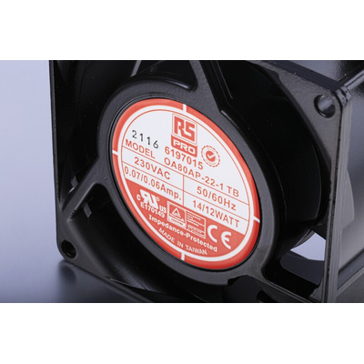 RS PRO Axial Fan, 230 V ac, AC Operation, 51m³/h, 12W, 60mA Max, 80 x 80 x 38mm