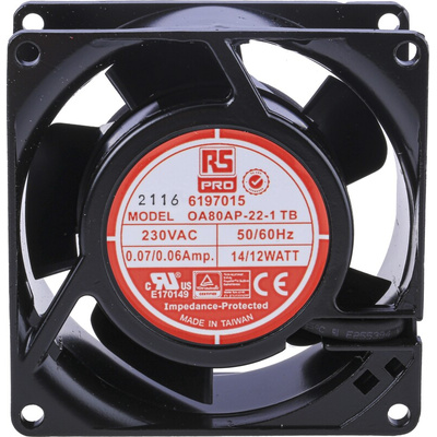 RS PRO Axial Fan, 230 V ac, AC Operation, 51m³/h, 12W, 60mA Max, 80 x 80 x 38mm