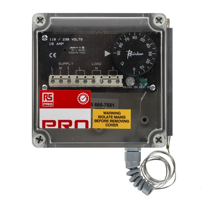 RS PRO Trace Heating Thermostat 75mm x 125mm x 125mm, 0 → +90 °C