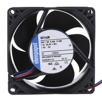ebm-papst 8200 J Series Axial Fan, 24 V dc, DC Operation, 132.6m³/h, 10.8W, 417mA Max, IP20, 80 x 80 x 38mm