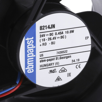 ebm-papst 8200 J Series Axial Fan, 24 V dc, DC Operation, 132.6m³/h, 10.8W, 417mA Max, IP20, 80 x 80 x 38mm