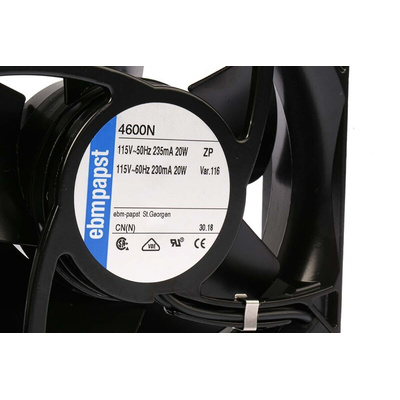 ebm-papst 4000 N Series Axial Fan, 115 V ac, AC Operation, 180m³/h, 18W, 157mA Max, 119 x 119 x 38mm