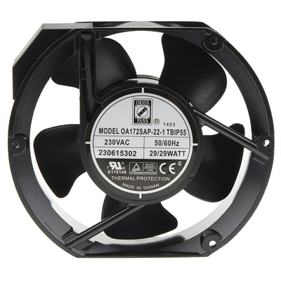 RS PRO Axial Fan, 230 V ac, AC Operation, 383.9m³/h, 29W, 120mA Max, IP55, 172 x 150 x 51mm