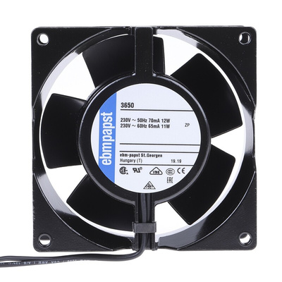 ebm-papst 3000 Series Axial Fan, 230 V ac, AC Operation, 75m³/h, 12W, 52mA Max, 92 x 92 x 38mm