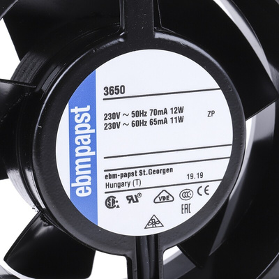 ebm-papst 3000 Series Axial Fan, 230 V ac, AC Operation, 75m³/h, 12W, 52mA Max, 92 x 92 x 38mm