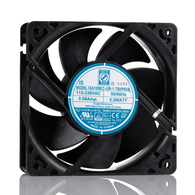 RS PRO Axial Fan, 90 → 265 V ac, AC Operation, 105 ± 15%cfm, 5.2 ± 15%W, 0.06 ± 15%A Max, 120 x 120 x 38mm