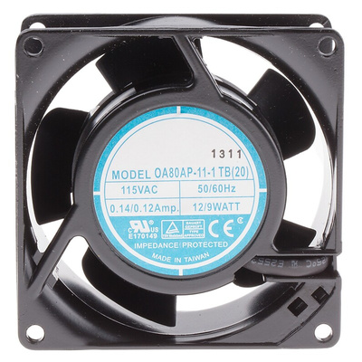 RS PRO Axial Fan, 115 V ac, AC Operation, 51m³/h, 9W, 120mA Max, 80 x 80 x 38mm