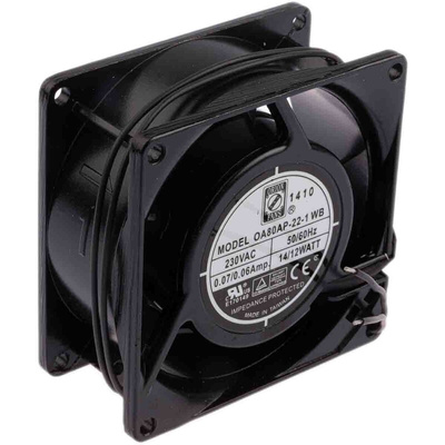 RS PRO Axial Fan, 230 V ac, AC Operation, 51m³/h, 12W, 60mA Max, 80 x 80 x 38mm