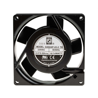 RS PRO Axial Fan, 230 V ac, AC Operation, 27cfm, 10W, 92 x 92 x 26mm