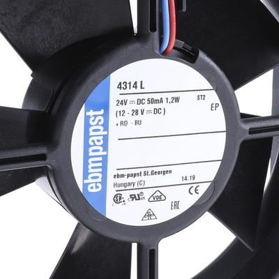 ebm-papst 4300 Series Axial Fan, 24 V dc, DC Operation, 95m³/h, 1.2W, 50mA Max, IP20, 119 x 119 x 32mm