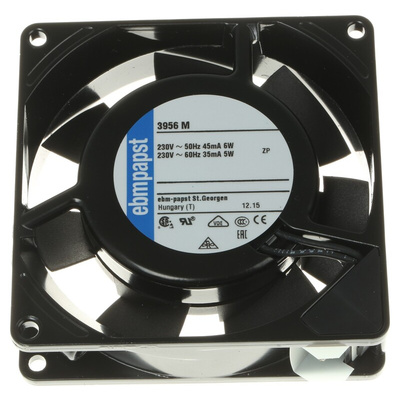 ebm-papst 3900 Series Axial Fan, 230 V ac, AC Operation, 45m³/h, 6W, 26mA Max, 92 x 92 x 25mm