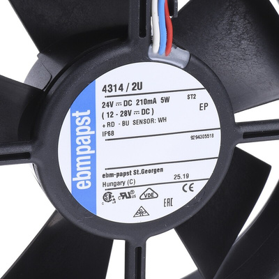 ebm-papst 4300 Series Axial Fan, 24 V dc, DC Operation, 170m³/h, 5W, IP68, 119 x 119 x 32mm
