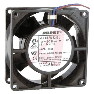 ebm-papst 8300 Series Axial Fan, 12 V dc, DC Operation, 67m³/h, 4W, 80 x 80 x 32mm