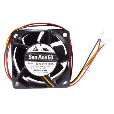 Sanyo Denki San Ace 9GV Series Axial Fan, 12 V dc, DC Operation, 142.2m³/h, 33.6W, 2.8A Max, 60 x 60 x 38mm