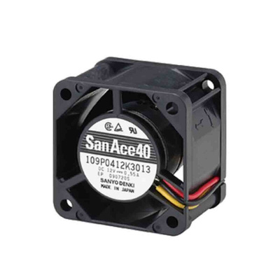 Sanyo Denki 109P Series Axial Fan, 12 V dc, DC Operation, 20.8cfm, 6.6W, 550mA Max, 40 x 40 x 28mm