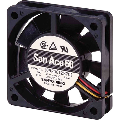 Sanyo Denki 109P Series Axial Fan, 12 V dc, DC Operation, 14.1cfm, 1.08W, 90mA Max, 60 x 60 x 15mm