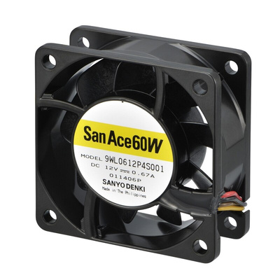 Sanyo Denki 9WL Series Axial Fan, 12 V dc, DC Operation, 65.9m³/h, 4.68W, 390mA Max, IP68, 60 x 60 x 25mm