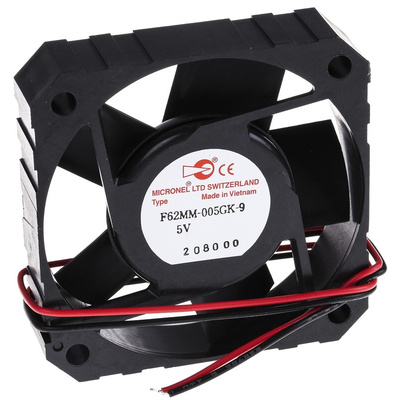 Micronel F62MM-9 Series Axial Fan, 5 V dc, DC Operation, 22m³/h, 1.9W, 200mA Max, 62 x 62 x 15mm