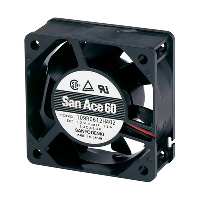 Sanyo Denki 109R Series Axial Fan, 12 V dc, DC Operation, 27.5cfm, 2.88W, 240mA Max, 60 x 60 x 25mm